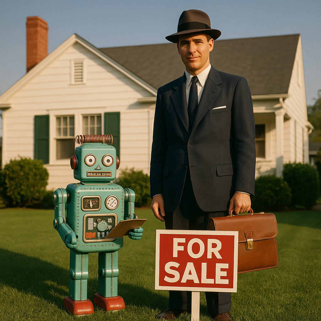 Real estate agent with AI robot assistant in front of a house with a for sale sign